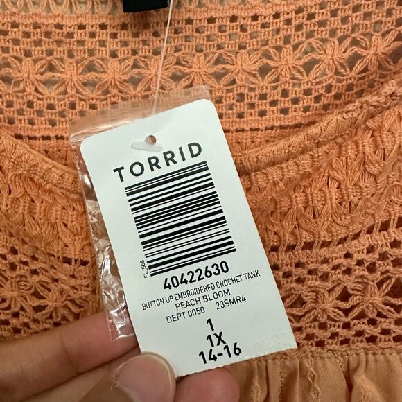 NWT TORRID Cotton Button-Up Embroidered Crochet Tank Top in Peach Bloom - Picture 8 of 11